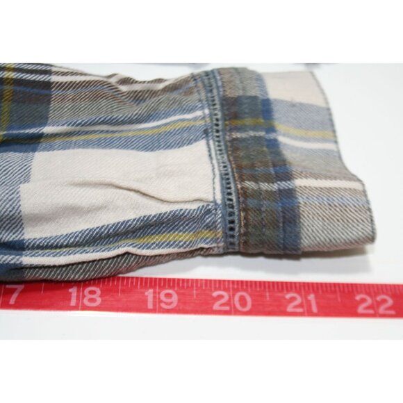 Free People Womens Medium Flannel Tunic Plaid Blue Tan Oversize Raw Hem Boho - Picture 11 of 11